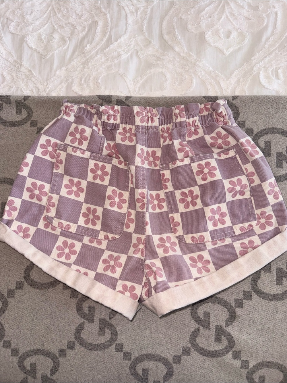 Lavender Floral Checker High Rise Paperbag Denim Shorts - Picture 7 of 10